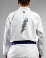 Dragon Dagger embroidery on the back of a white BJJ Gi