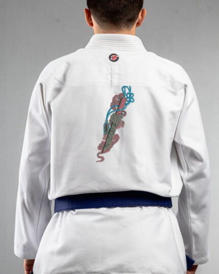 Dragon Dagger embroidery on the back of a white BJJ Gi