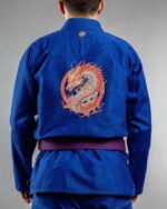 Dragon embroidery on the back of a blue BJJ Gi