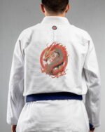 Dragon embroidery on the back of a white BJJ Gi