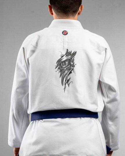 Dragon Eye embroidery on the back of a white BJJ Gi