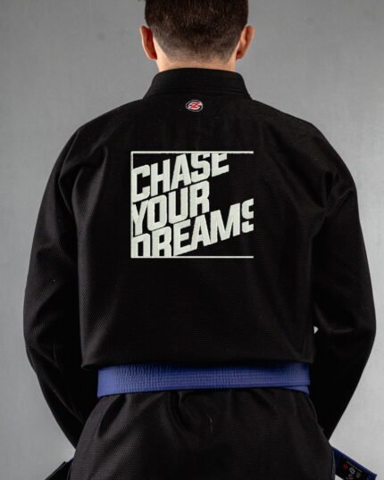 Dreamer embroidery on the back of a black BJJ Gi