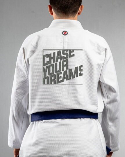 Dreamer embroidery on the back of a white BJJ Gi