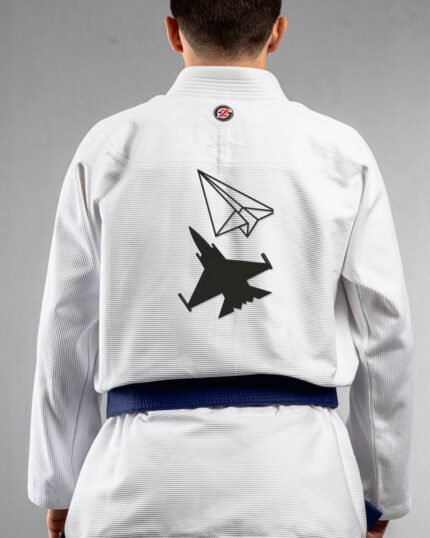 Dreamer embroidery on the back of a white BJJ Gi