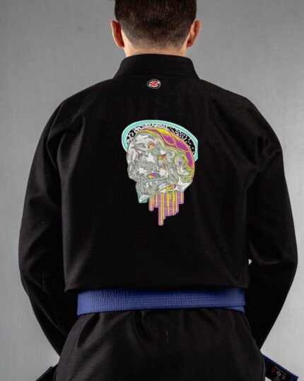 Dripping Skull embroidery on the back of a black BJJ Gi