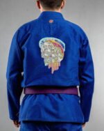 Dripping Skull embroidery on the back of a blue BJJ Gi