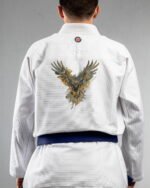 Eagle embroidery on the back of a white BJJ Gi