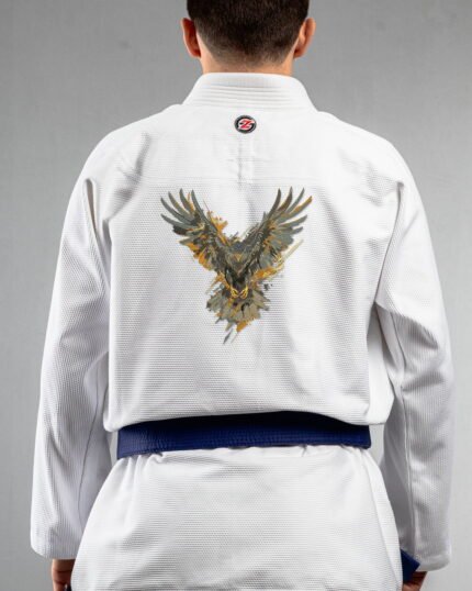 Eagle embroidery on the back of a white BJJ Gi