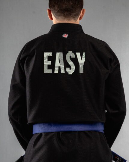 Easy Money embroidery on the back of a black BJJ Gi