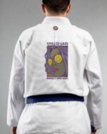 Take It Easy embroidery on the back of a white BJJ Gi