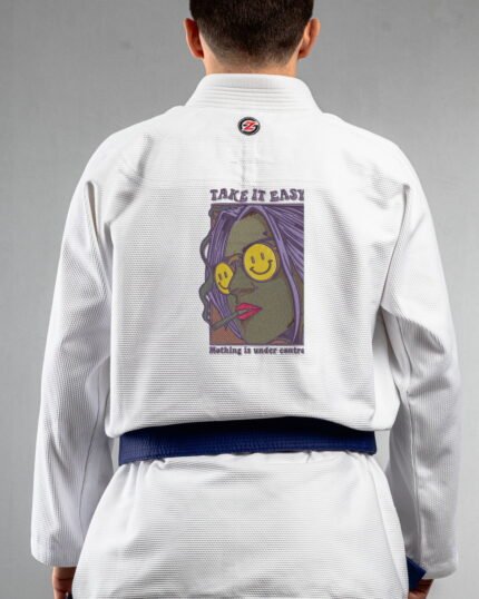 Take It Easy embroidery on the back of a white BJJ Gi