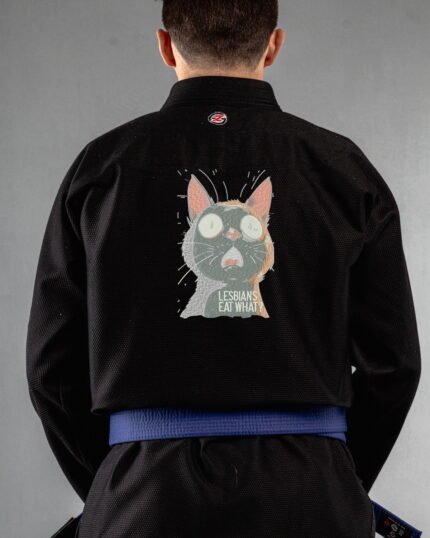 Eat What embroidery on the back of a black BJJ Gi