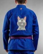 Eat What embroidery on the back of a blue BJJ Gi