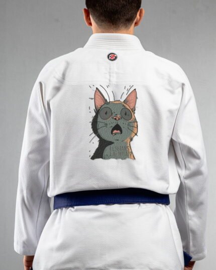 Eat What embroidery on the back of a white BJJ Gi