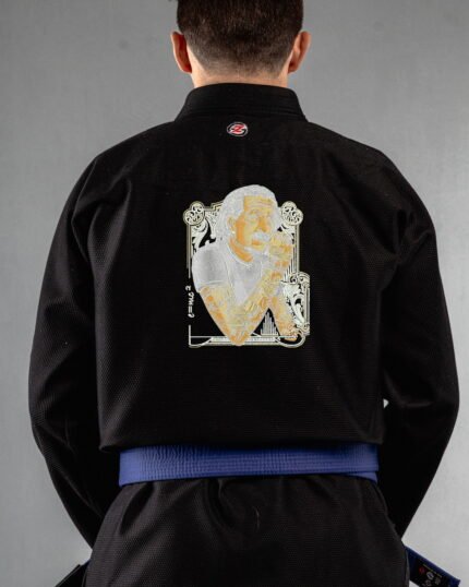 Einstine embroidery on the back of a black BJJ Gi