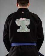 Elephant embroidery on the back of a black BJJ Gi