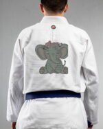 Elephant embroidery on the back of a white BJJ Gi