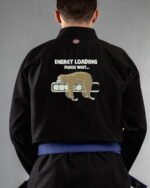 Energy Loading embroidery on the back of a black BJJ Gi