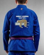 Energy Loading embroidery on the back of a blue BJJ Gi