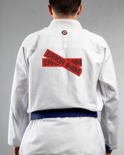 Error embroidery on the back of a white BJJ Gi