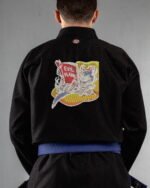 Evil Plans embroidery on the back of a black BJJ Gi