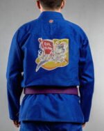 Evil Plans embroidery on the back of a blue BJJ Gi