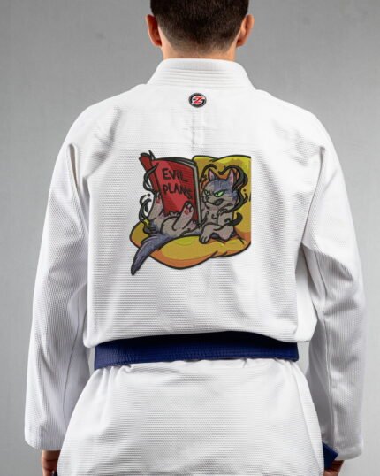 Evil Plans embroidery on the back of a white BJJ Gi