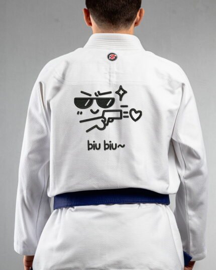 Expression embroidery on the back of a white BJJ Gi