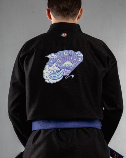 Japanese Fan embroidery on the back of a black BJJ Gi