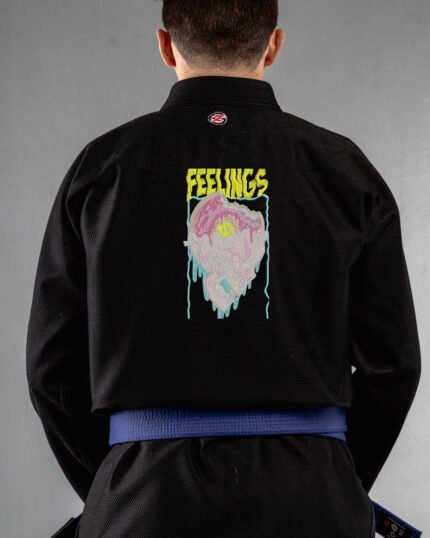 Feelings embroidery on the back of a black BJJ Gi