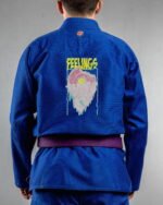 Feelings embroidery on the back of a blue BJJ Gi