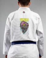 Feelings embroidery on the back of a white BJJ Gi