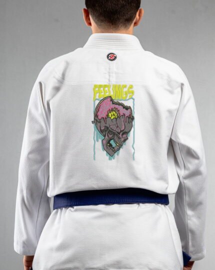 Feelings embroidery on the back of a white BJJ Gi