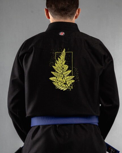 Fern Blockprint embroidery on the back of a black BJJ Gi