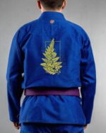 Fern Blockprint embroidery on the back of a blue BJJ Gi