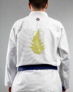 Fern Blockprint embroidery on the back of a white BJJ Gi