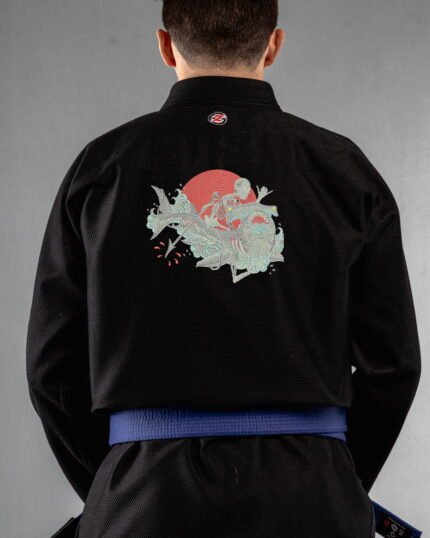 Fisher Skull & Shark embroidery on the back of a black BJJ Gi