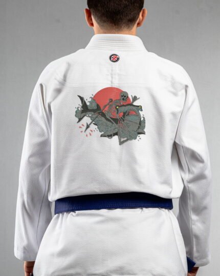 Fisher Skull & Shark embroidery on the back of a white BJJ Gi