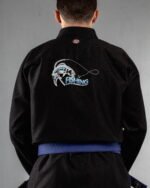 Fishing embroidery on the back of a black BJJ Gi