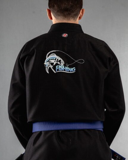 Fishing embroidery on the back of a black BJJ Gi