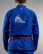 Fishing embroidery on the back of a blue BJJ Gi