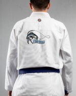 Fishing embroidery on the back of a white BJJ Gi