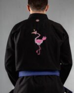 Flamingo Doodle embroidery on the back of a black BJJ Gi