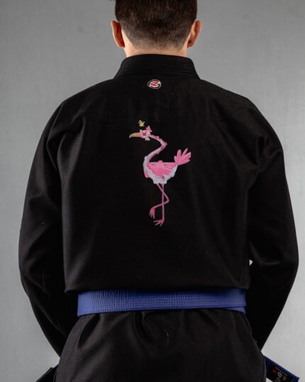 Flamingo Doodle embroidery on the back of a black BJJ Gi