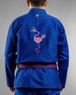Flamingo Doodle embroidery on the back of a blue BJJ Gi