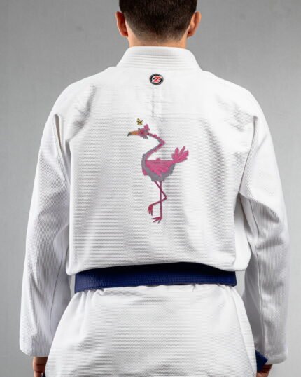 Flamingo Doodle embroidery on the back of a white BJJ Gi