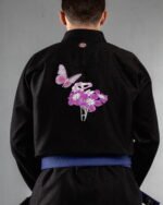 Butterfly Bloom embroidery on the back of a black BJJ Gi