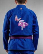 Butterfly Bloom embroidery on the back of a blue BJJ Gi