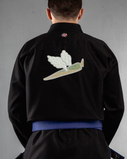 Fly High embroidery on the back of a black BJJ Gi