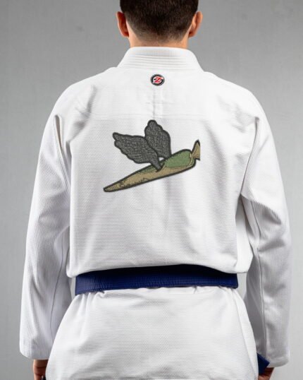 Fly High embroidery on the back of a white BJJ Gi